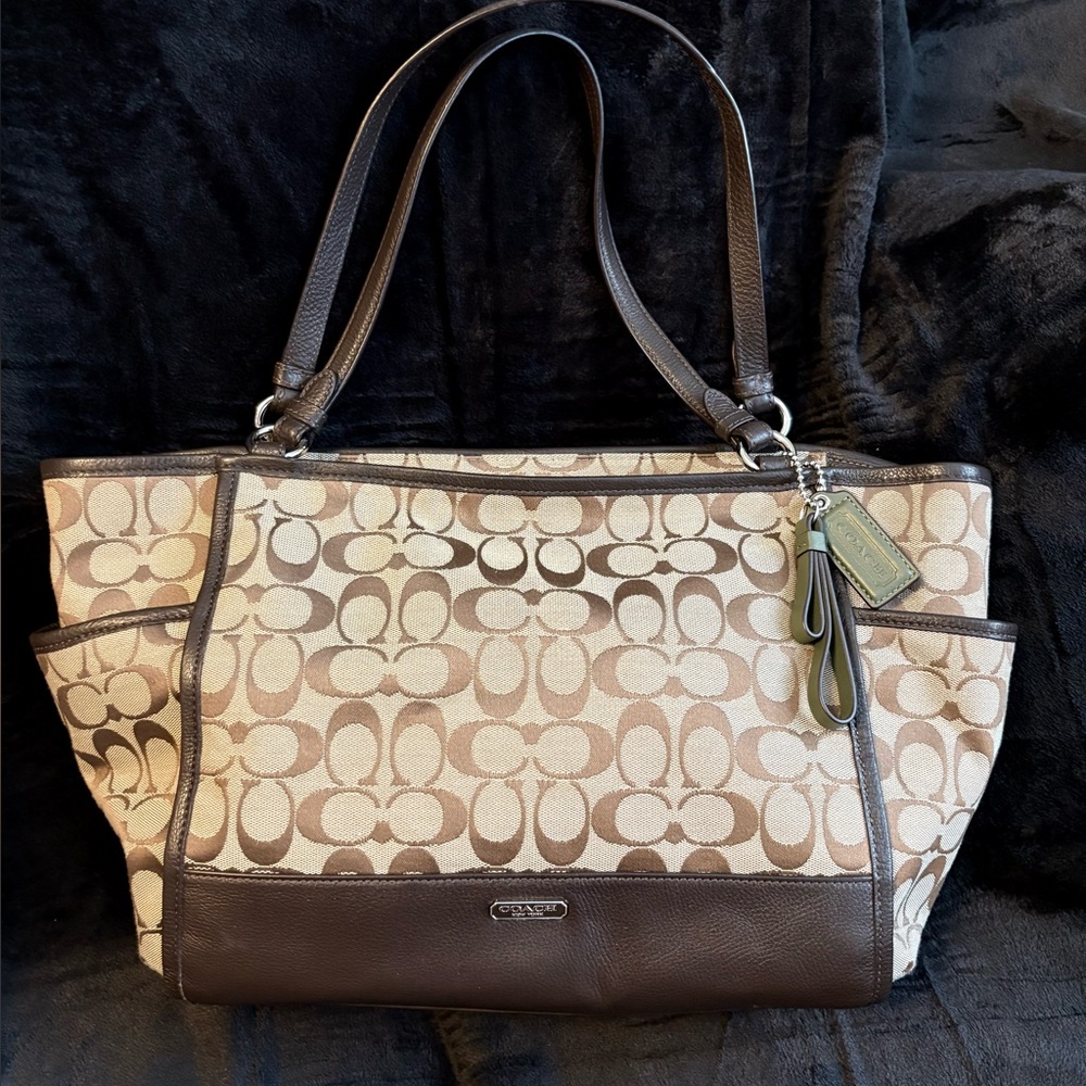 Coach Park Signature Carrie Tan and Brown Tote